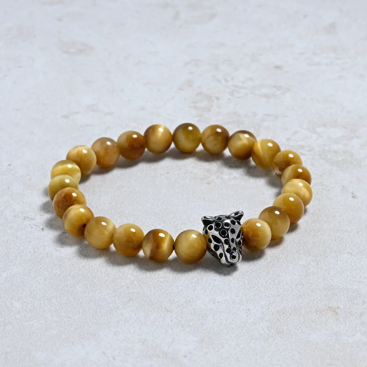 Golden Tiger Eye 10Mm Natural Gemstone Stretch Bracelet With Panther Bead 1