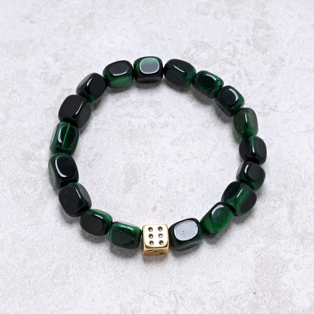 Green Tiger Eye Natural Gemstone Stretch Bracelet With Dice Accent Bead 1