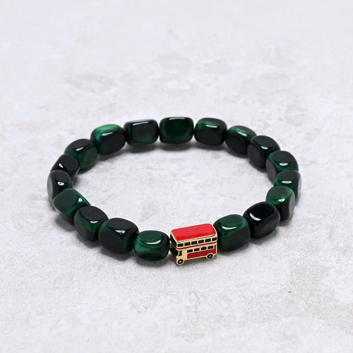 Green Tiger Eye Natural Gemstone Stretch Bracelet With London Routemaster Bus Accent Bead 1