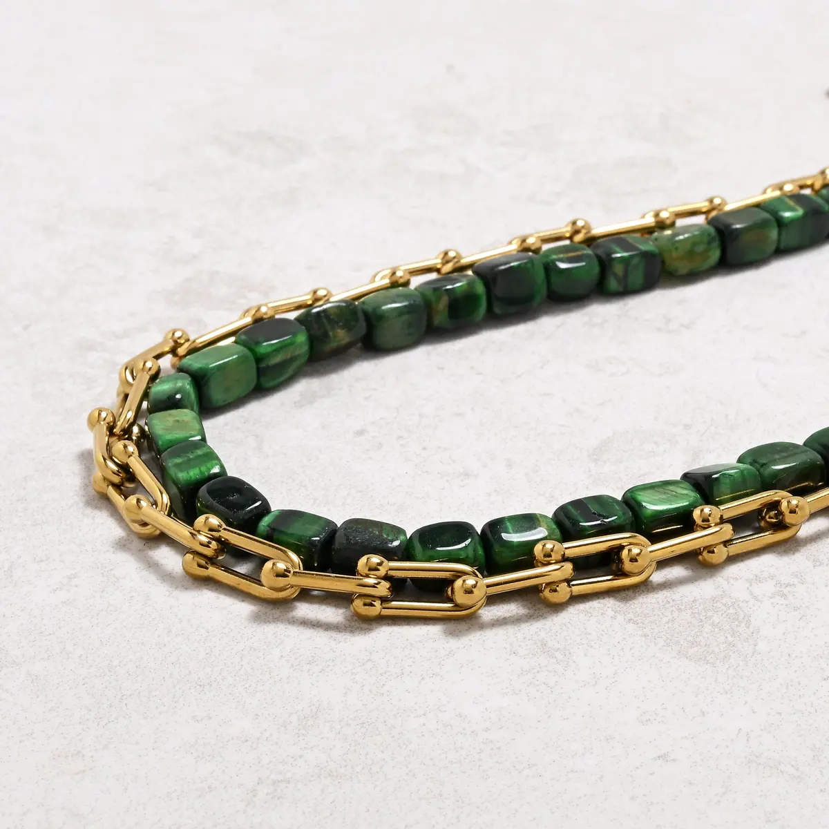 Green Tiger Eye & Hardware Style Chain Adjustable Necklace 2