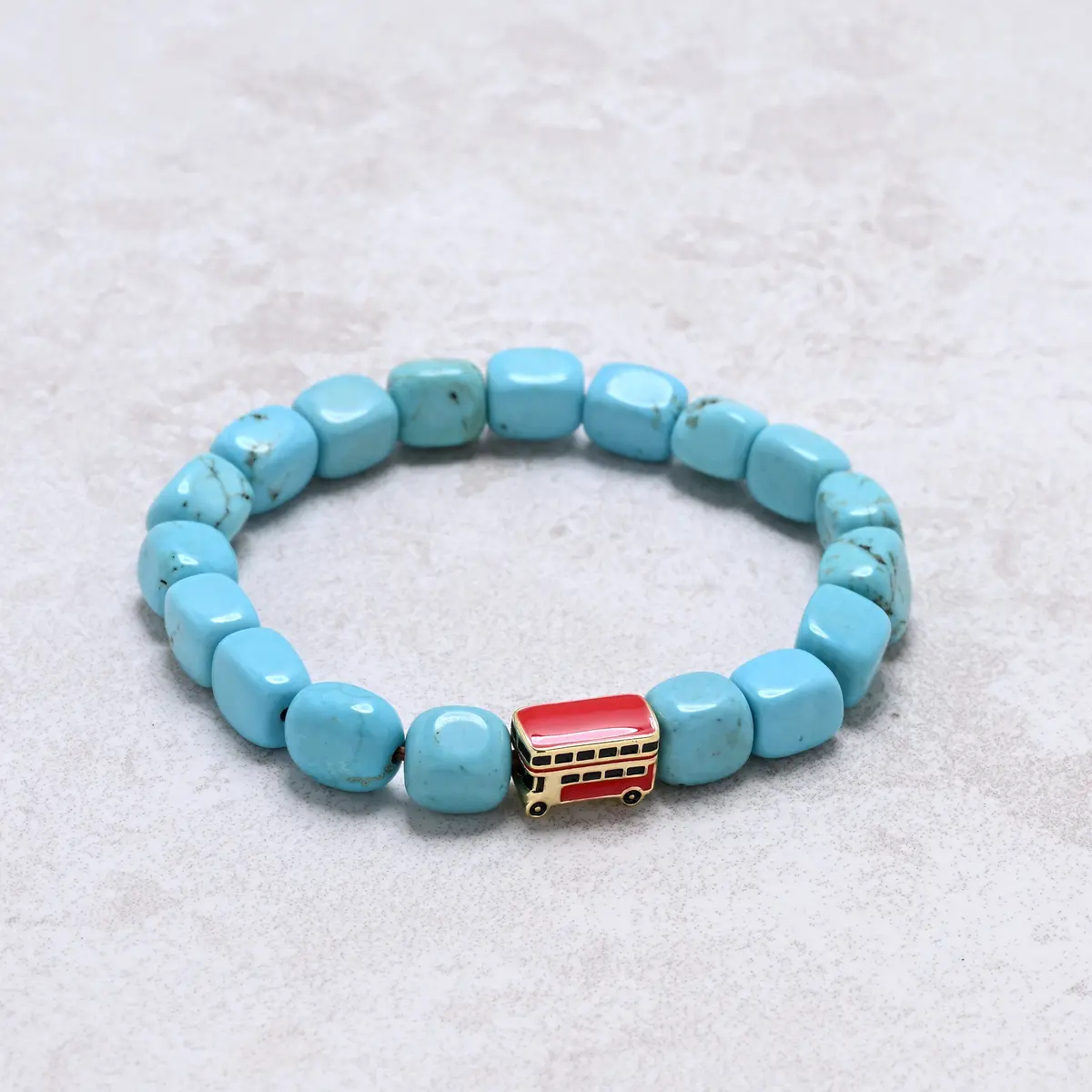 Howlite Turquoise Natural Gemstone Stretch Bracelet With London Routemaster Bus Accent Bead 1