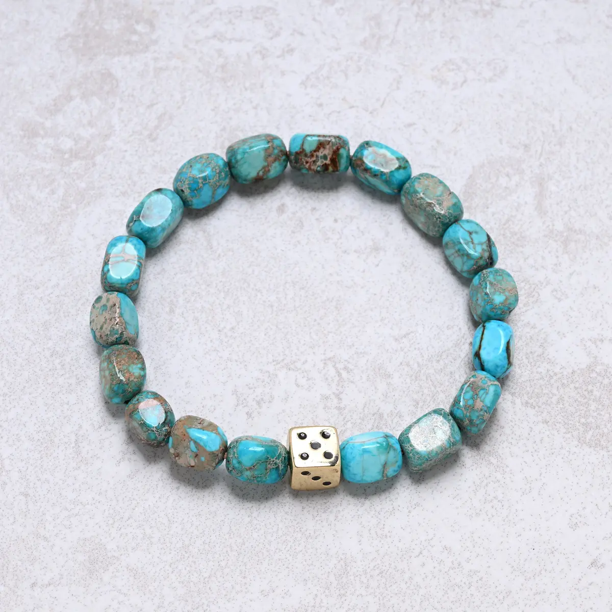 King Howlite Turquoise Natural Gemstone Stretch Bracelet With Dice Accent Bead 1