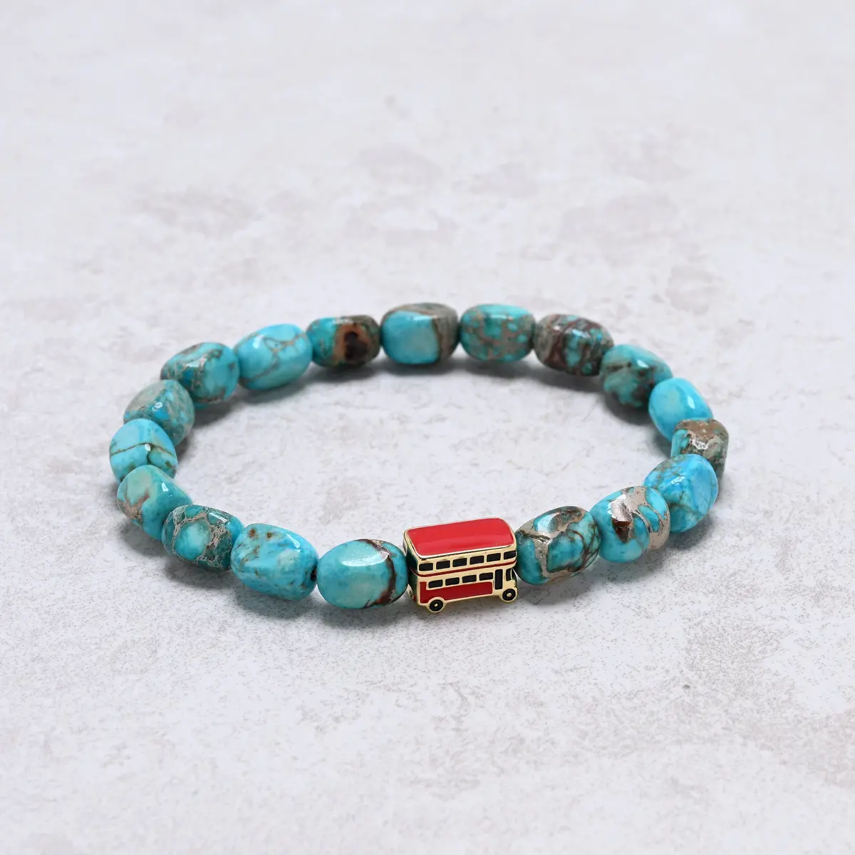 King Howlite Turquoise Natural Gemstone Stretch Bracelet With London Routemaster Bus Accent Bead 1