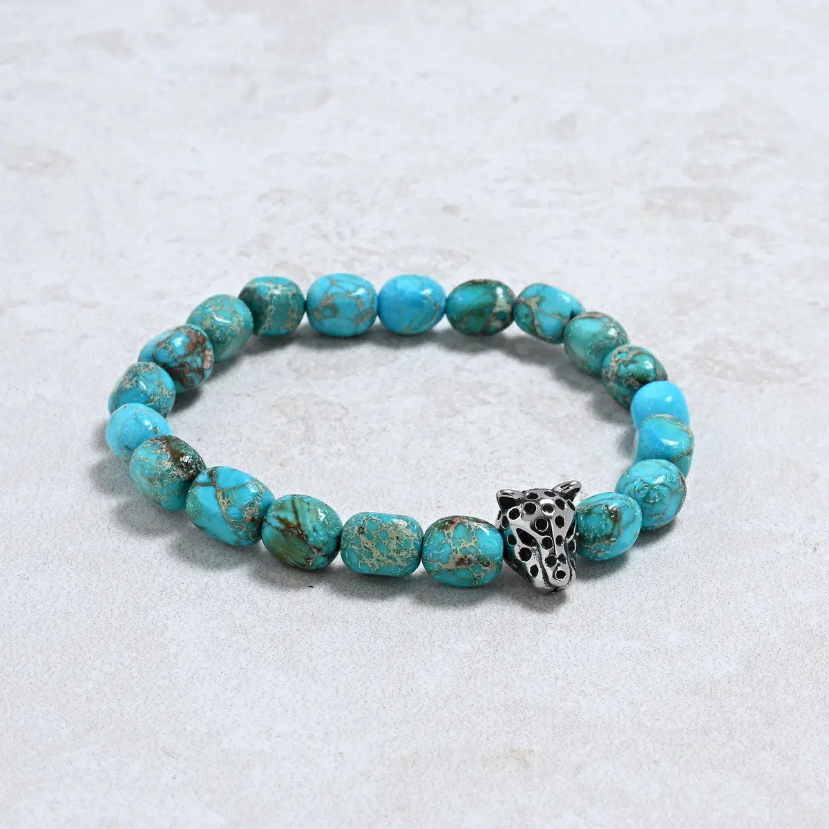 King Turquoise 7X9mm Natural Gemstone Stretch Bracelet With Panther Bead 1