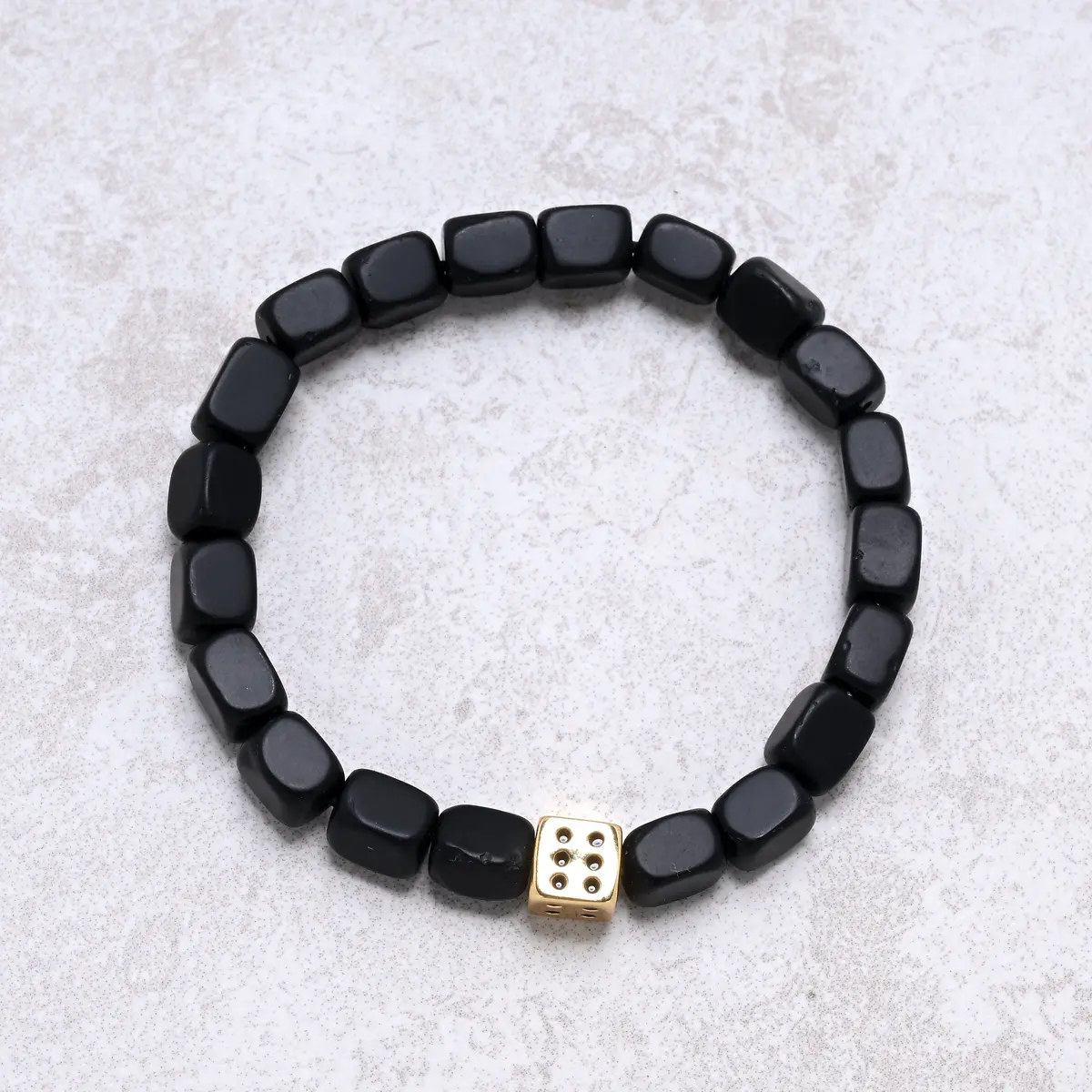 Matte Black Agate Natural Gemstone Stretch Bracelet With Dice Accent Bead 1