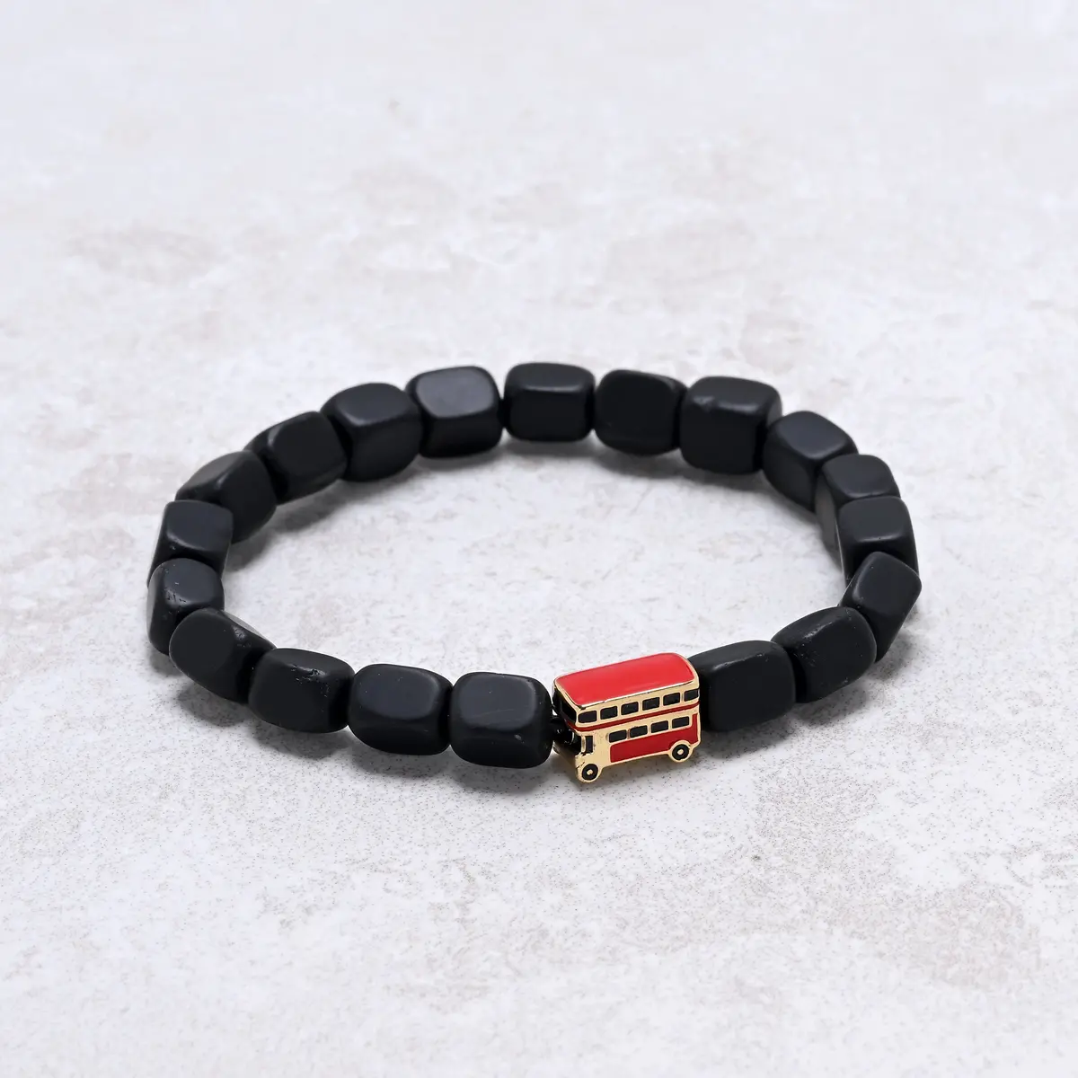 Matte Black Agate Natural Gemstone Stretch Bracelet With London Routemaster Bus Accent Bead 1