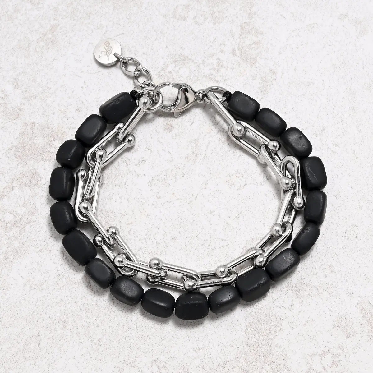 Matte Black Agate & Hardware Style Stainless Steel Chain Bracelet 1