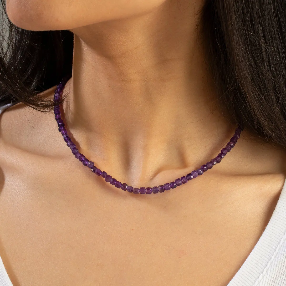Natural Amethyst Faceted 4Mm Barrel 16" Necklace With Sterling Silver Extender 1