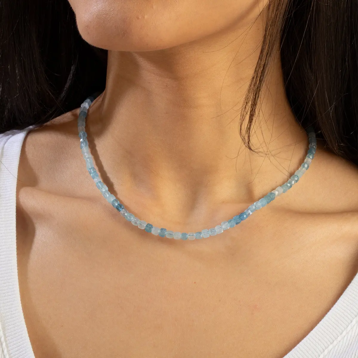 Natural Aquamarine Faceted 4Mm Barrel 16" Necklace With Sterling Silver Extender 1