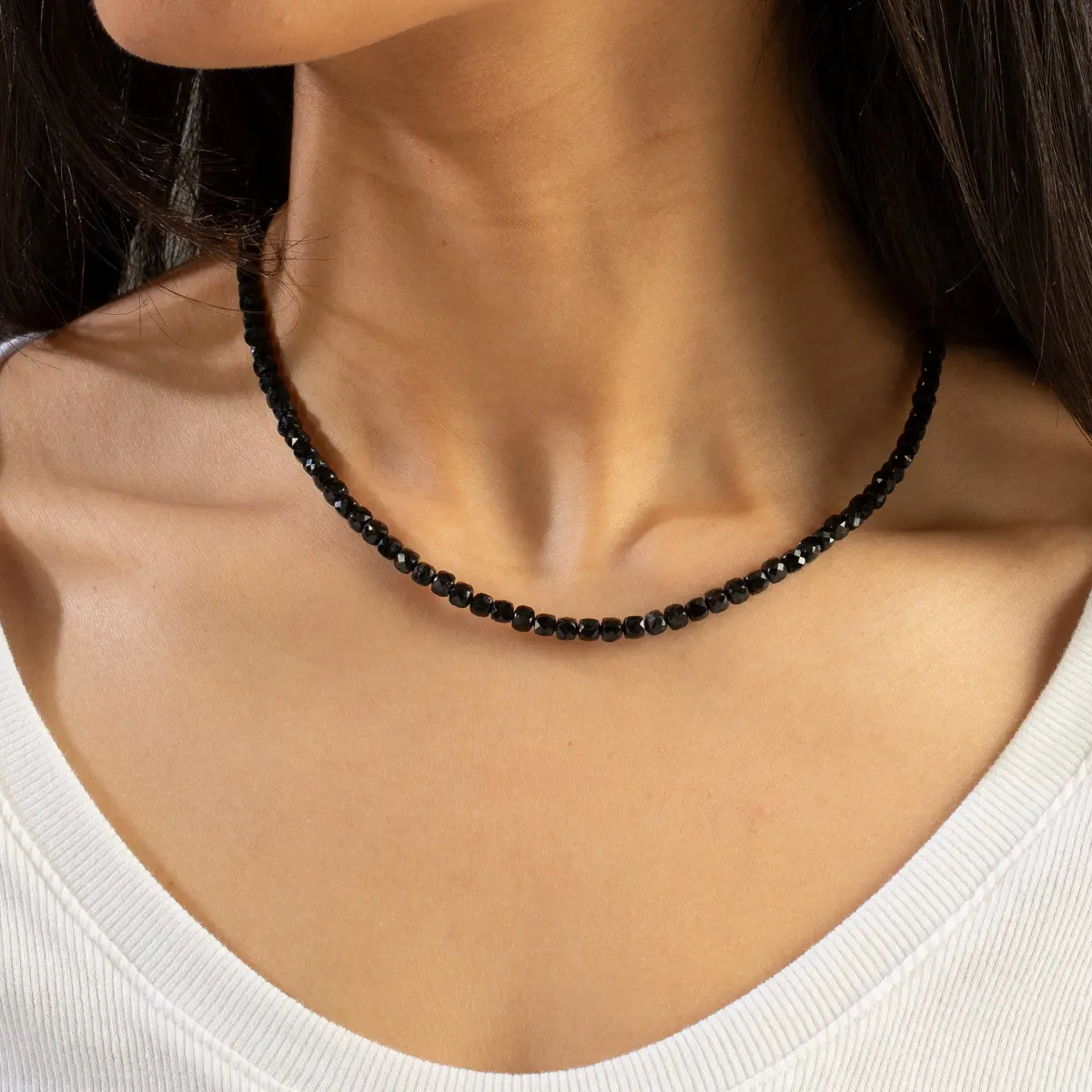 Natural Black Tourmaline Faceted 4Mm Barrel 16" Necklace With Sterling Silver Extender 1