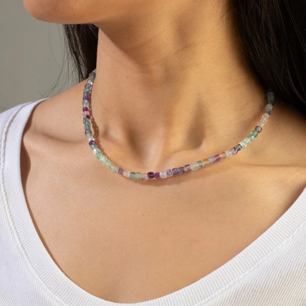 Natural Fluorite Faceted 4Mm Barrel 16" Necklace With Sterling Silver Extender 1
