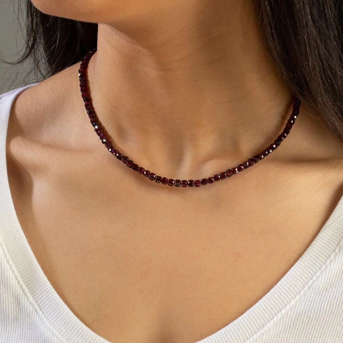 Natural Garnet Faceted 4Mm Barrel 16" Necklace With Sterling Silver Extender 1