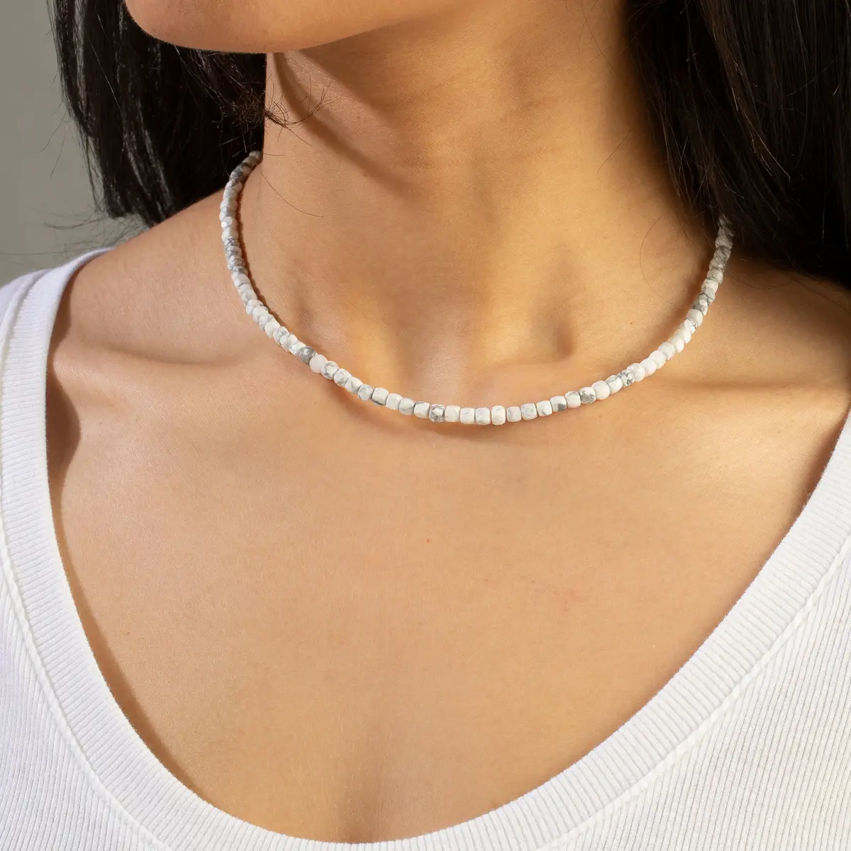 Natural Howlite Faceted 4Mm Barrel 16" Necklace With Sterling Silver Extender 1