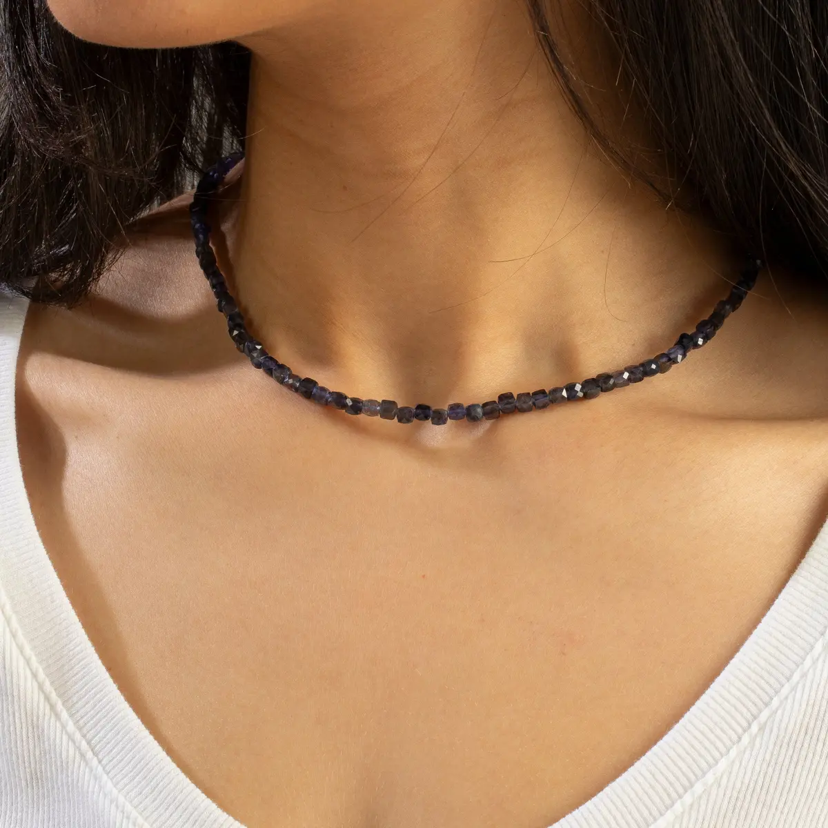 Natural Iolite Faceted 4Mm Barrel 16" Necklace With Sterling Silver Extender 1