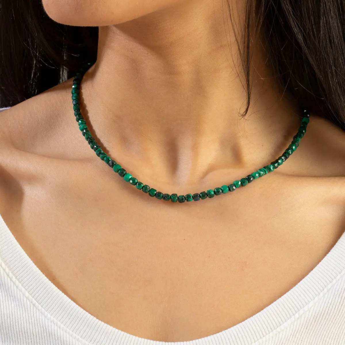 Natural Malachite Faceted 4Mm Barrel 16" Necklace With Sterling Silver Extender 1