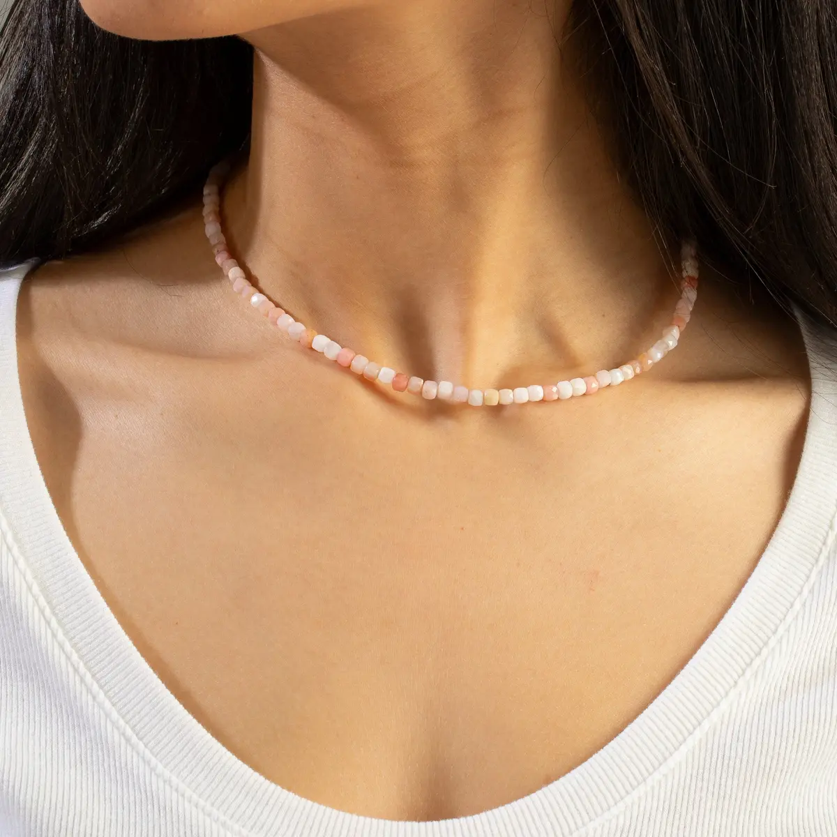 Natural Pink Opal Faceted 4Mm Barrel 16" Necklace With Sterling Silver Extender 1