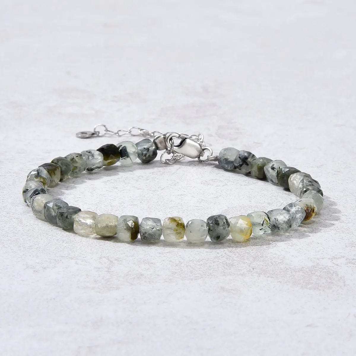 Natural Prehnite Faceted 4Mm Barrel Bracelet With Sterling Silver Extender 1