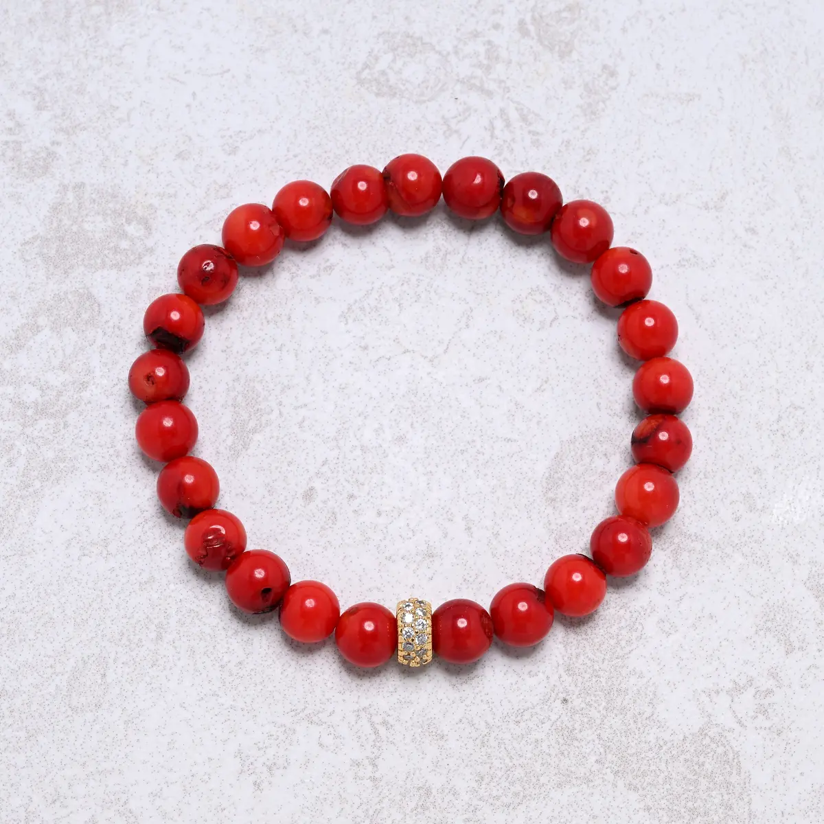 Red Coral 8Mm Natural Gemstone Stretch Bracelet With Cz Accent Bead 1