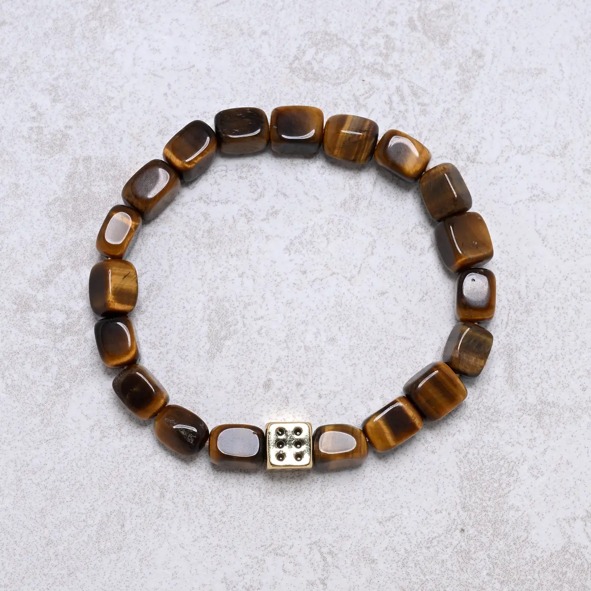 Tiger Eye Natural Gemstone Stretch Bracelet With Dice Accent Bead 1
