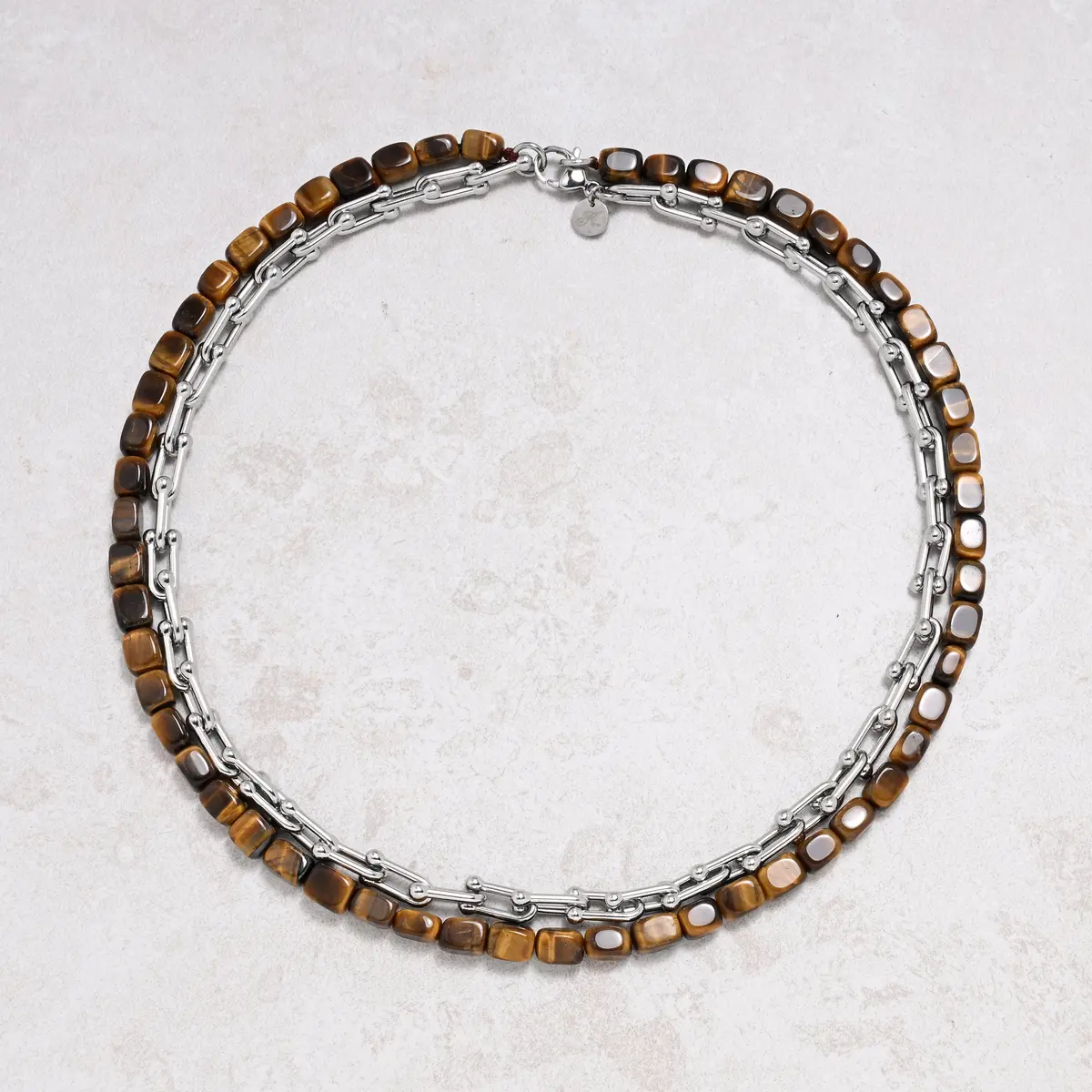 Tiger Eye & Silver Hardware Style Chain Adjustable Necklace 1