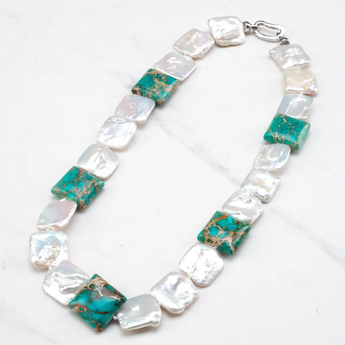 Coin Square Freshwater Pearl & Howlite Turquoise Necklace - 20" 1