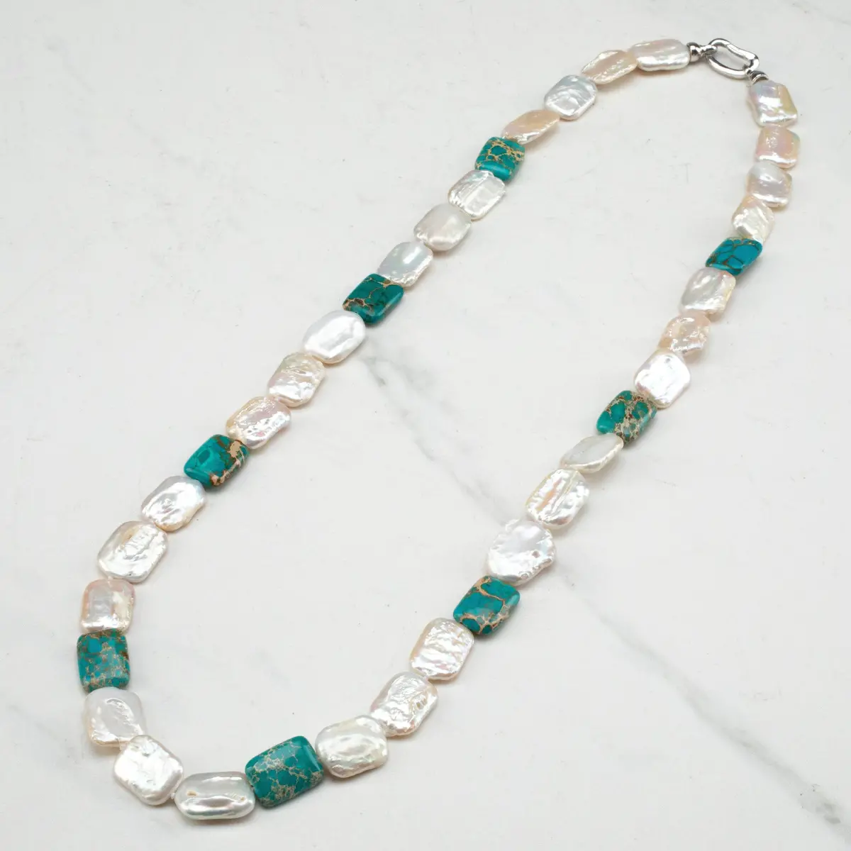 Coin Square Freshwater Pearl & Howlite Turquoise Necklace - 29" 1