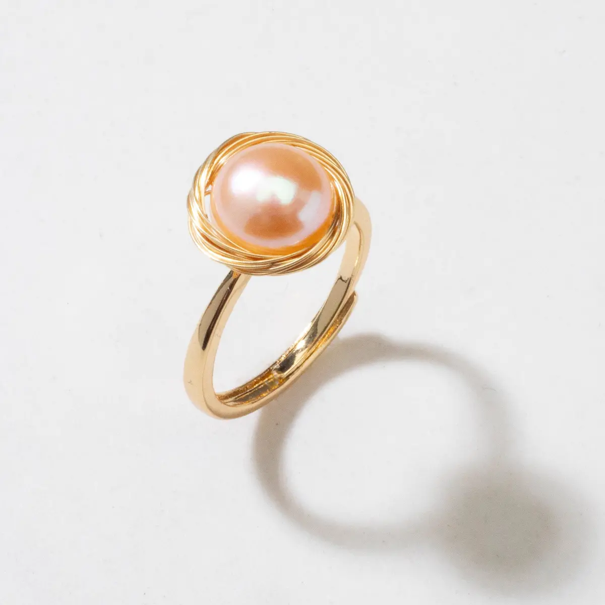 Fresh Water Pearl And Braided Brass Adjustable Ring - Pink 1