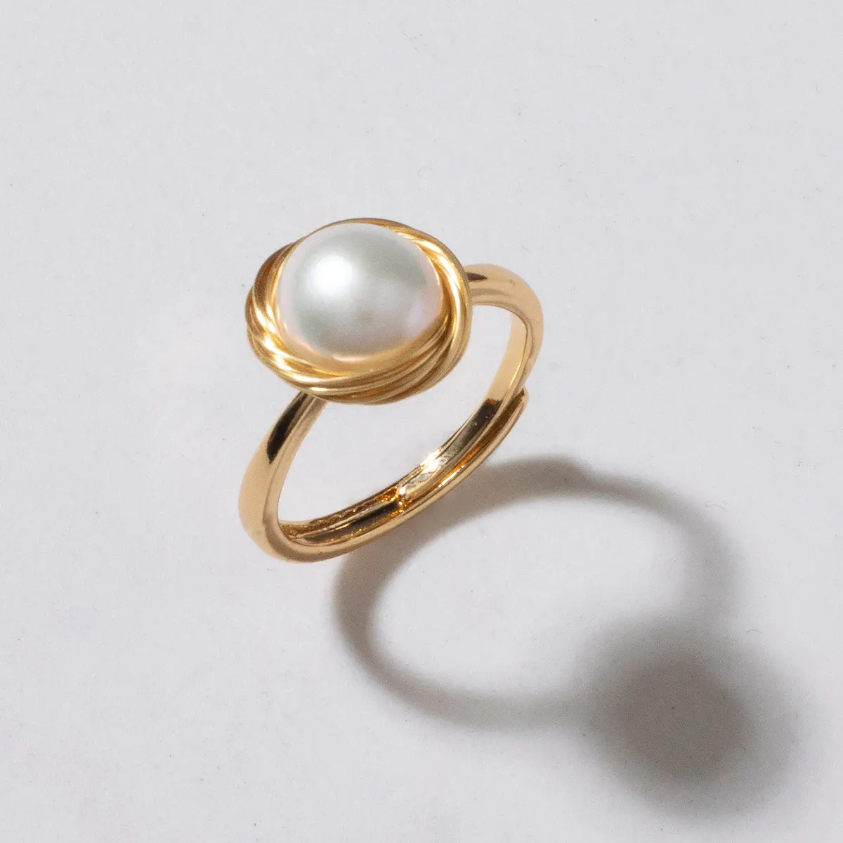 Fresh Water Pearl And Braided Brass Adjustable Ring - White 1