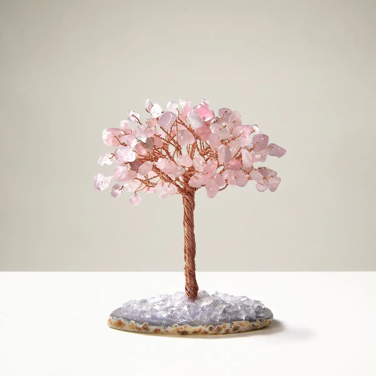 Rose Quartz Natural Gemstone Tree Of Life With Agate Base 1