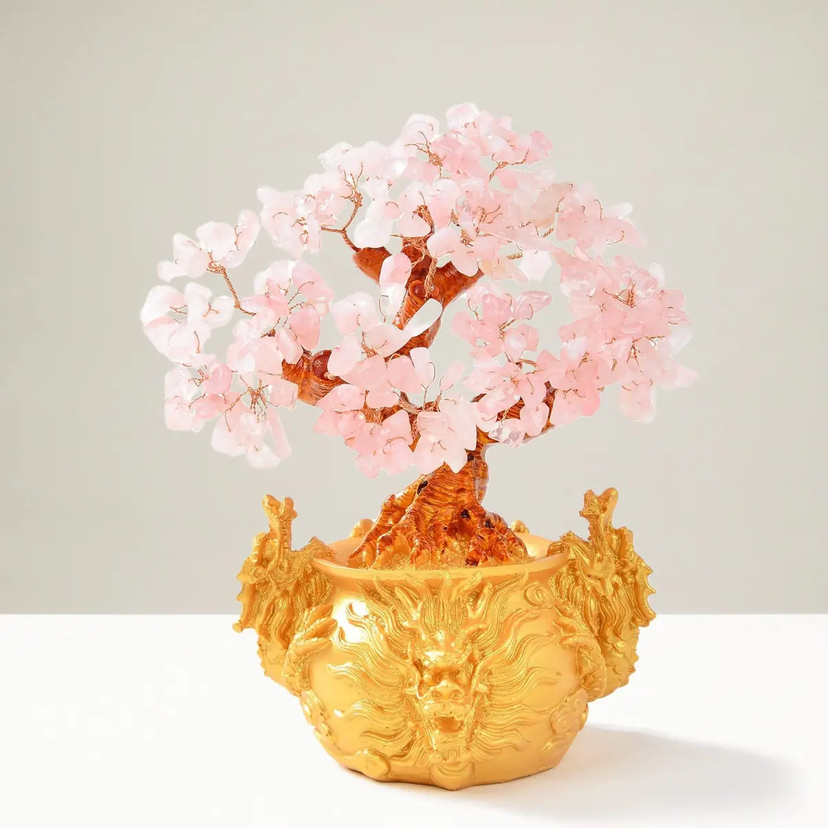 Rose Quartz Natural Gemstone Tree Of Life  With Dragon Base 1