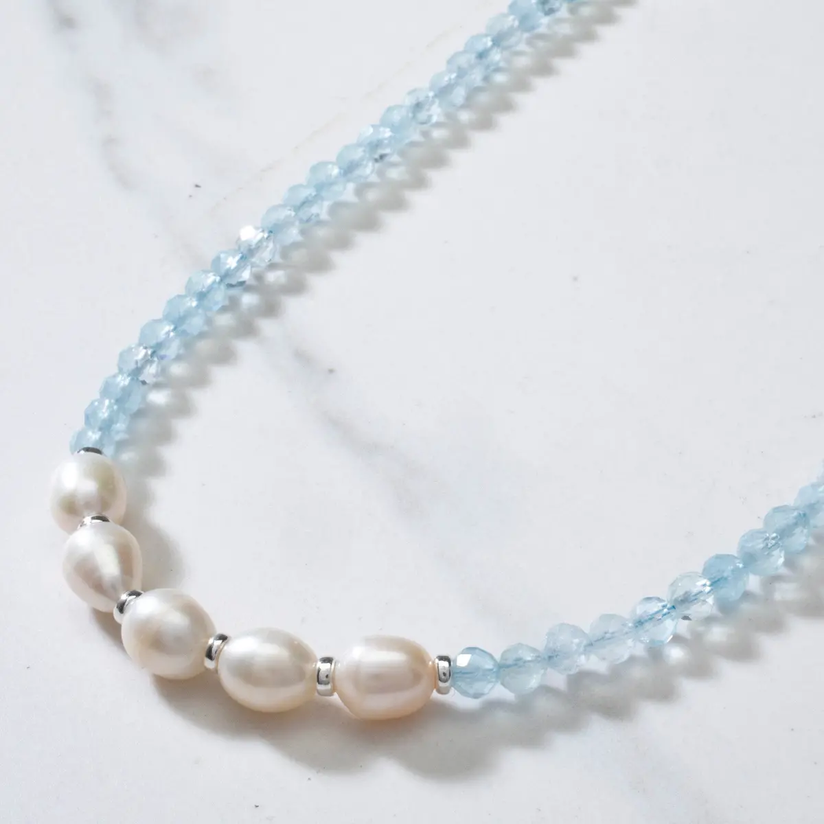 4Mm Faceted Aquamarine Bead Necklace With 5 Pearls With 925 Silver Clasp 1
