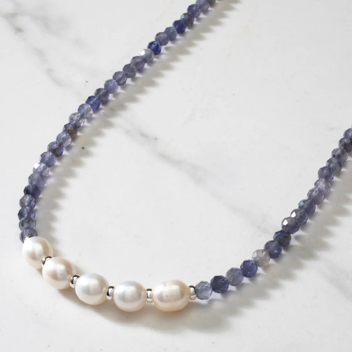 4Mm Faceted Iolite Bead Necklace With 5 Pearls With 925 Silver Clasp 1