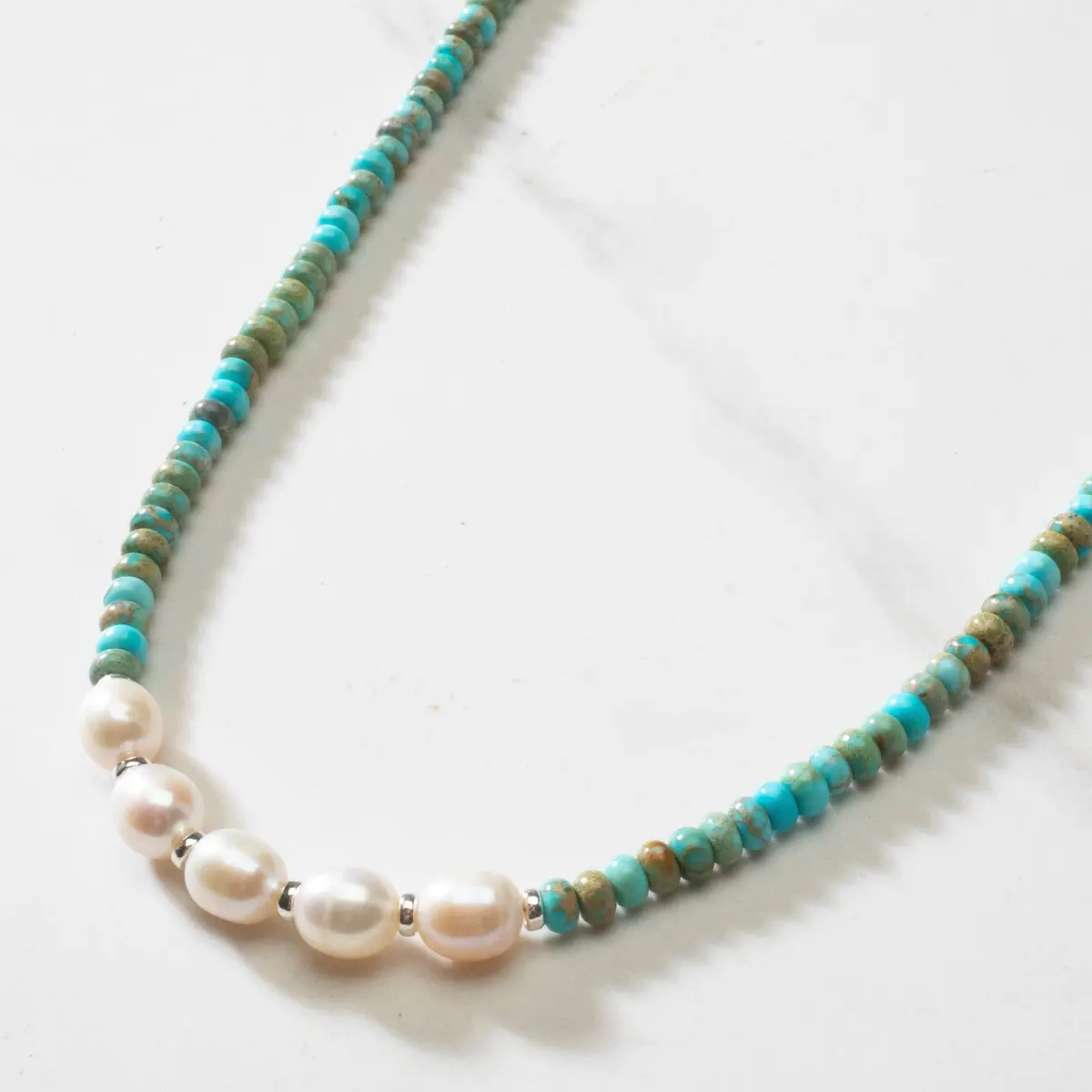 4Mm Faceted King Howlite Turquoise Bead Necklace With 5 Pearls With 925 Silver Clasp 1