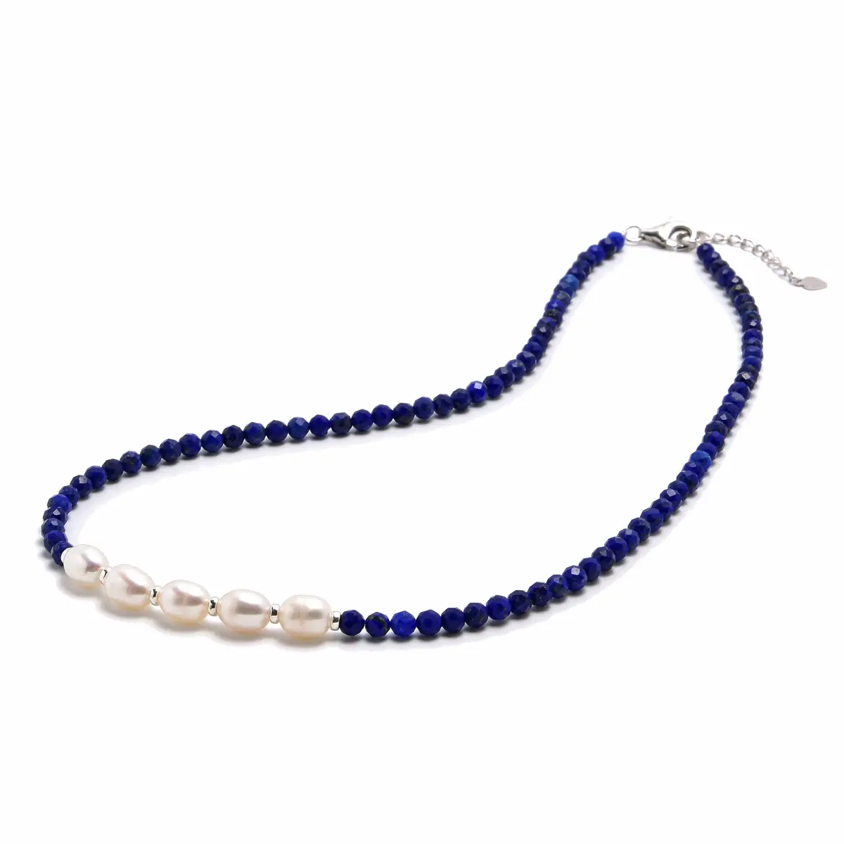 4Mm Faceted Lapis Bead Necklace With 5 Pearls With 925 Silver Clasp 1