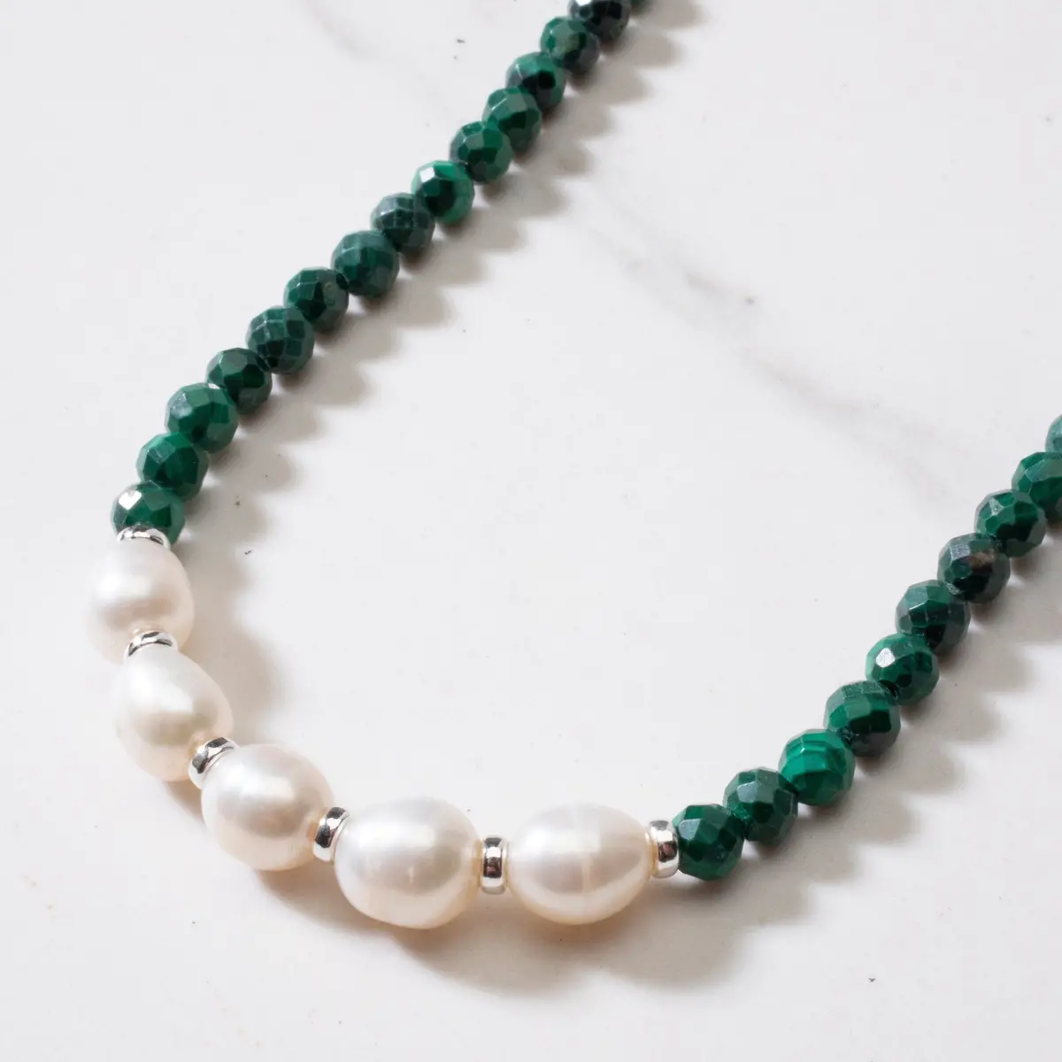 4Mm Faceted Malachite Bead Necklace With 5 Pearls With 925 Silver Clasp 1