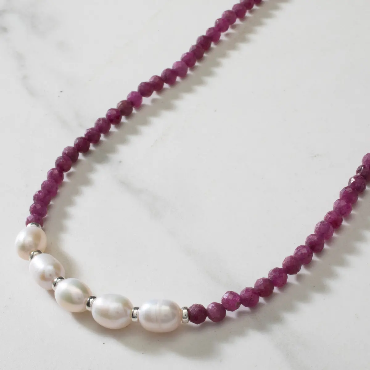 4Mm Faceted Ruby Bead Necklace With 5 Pearls With 925 Silver Clasp 1