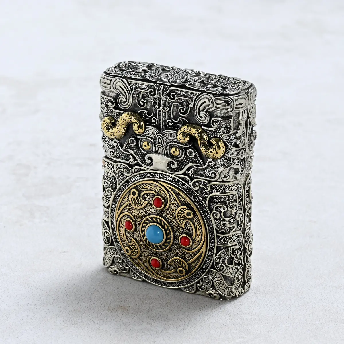 Turquoise & Coral 925 Sterling Silver & Copper Lighter Case 1