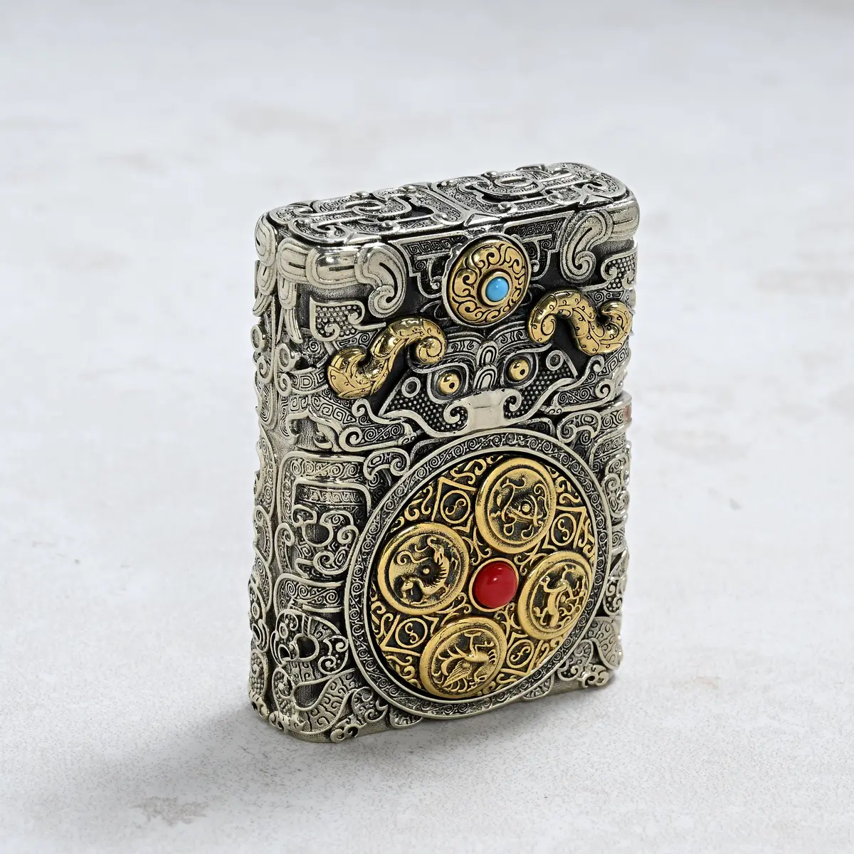 Turquoise & Coral 925 Sterling Silver & Copper Lighter Case 1
