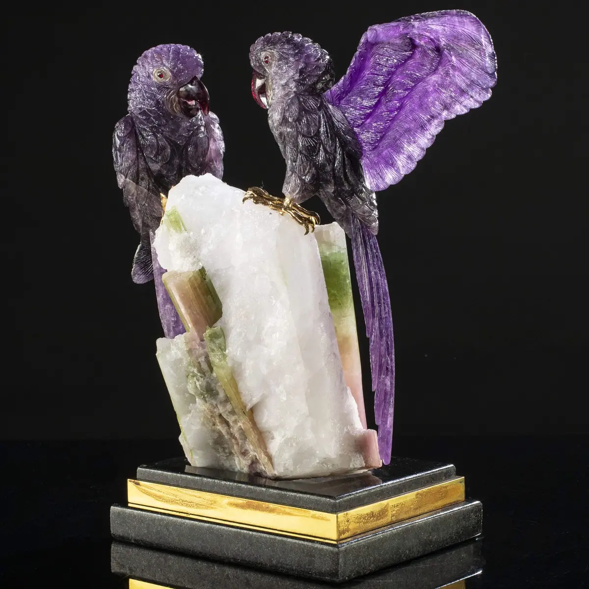 Peter Muller Amethyst Macaw Couple Love Birds Carving On Watermelon Tourmaline Base 1