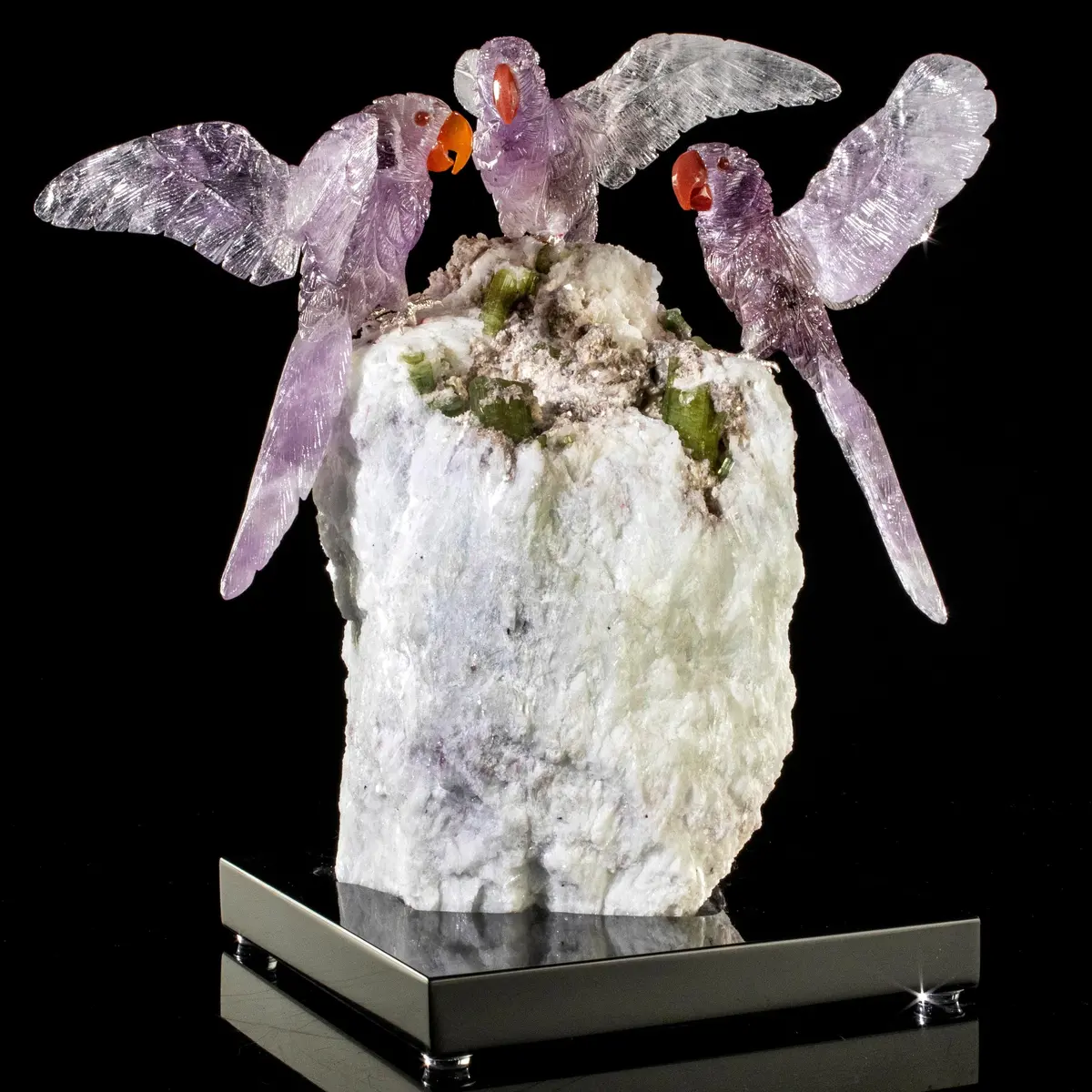 Peter Muller Amethyst Macaw Family Love Birds Carving On Watermelon Tourmaline Base 1
