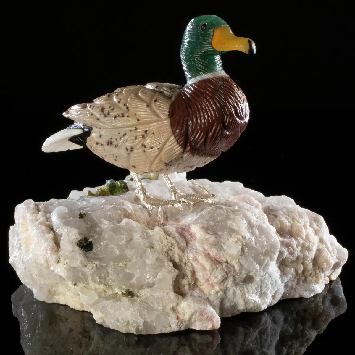 Peter Muller Aventurine & Tiger Eye & Leopardskin Duck Love Bird Carving On Watermelon Tourmaline Base 1