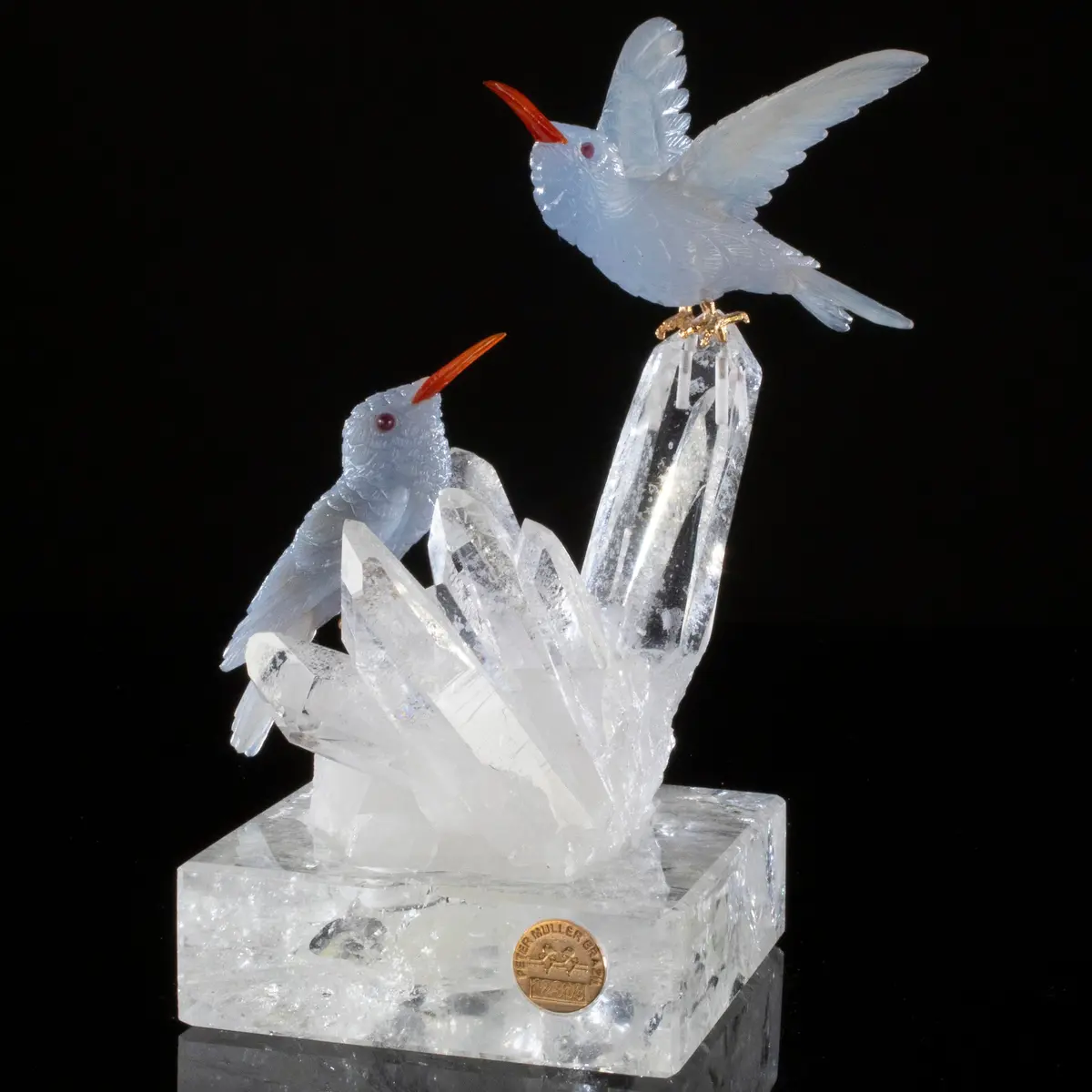Peter Muller Chalcedony Hummingbird Couple Love Bird Carving On Clear Quartz Point Cluster 1