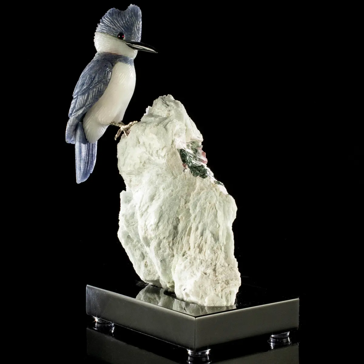 Peter Muller Dumortuorite Belted Kingfisher Love Birds Carving On Watermelon Tourmaline Base 1