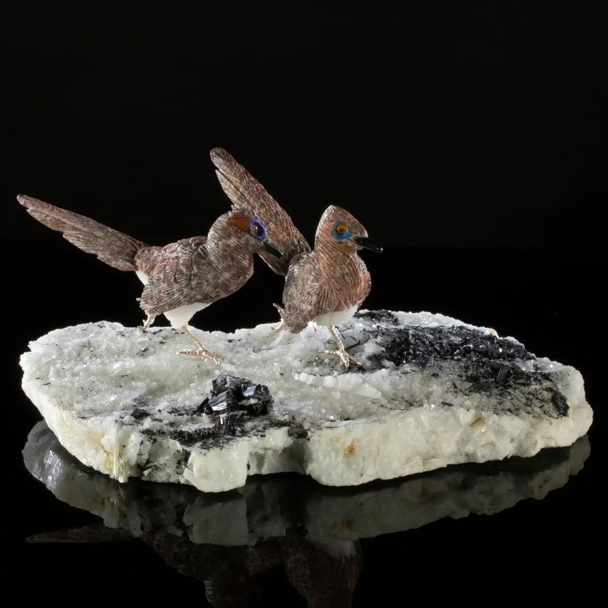 Peter Muller Leopardskin Jasper Roadrunner Love Birds Carving On Calcite & Black Tourmaline Base 1