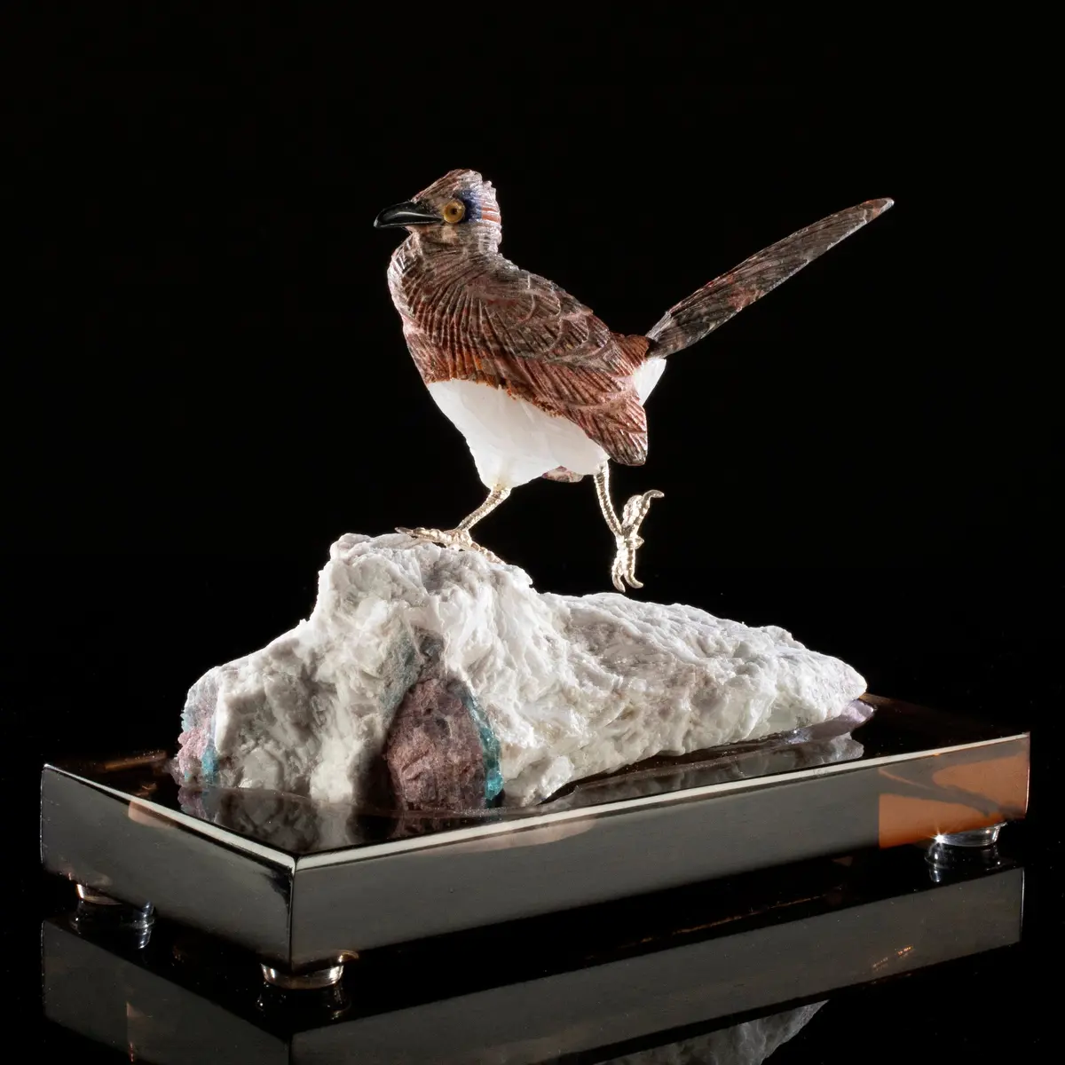 Peter Muller Leopardskin Jasper Roadrunner Love Birds Carving On Calcite & Tourmaline Base 1