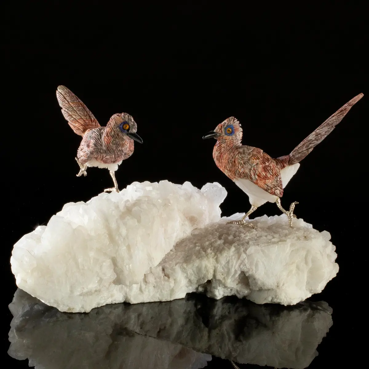 Peter Muller Leopardskin Jasper Roadrunner Love Birds Carving On Quartz Base 1