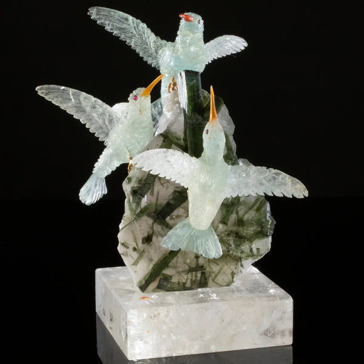 Peter Muller Aquamarine Hummingbird Trio Love Birds Carvings On Quartz And Tourmaline Base 1