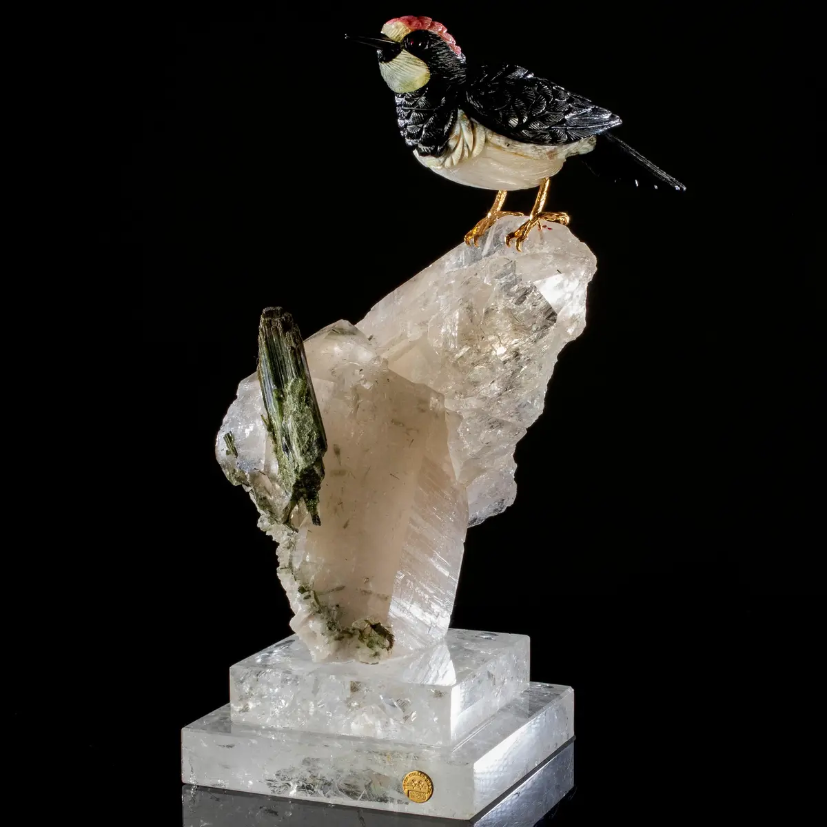 Peter Muller Obsidian, Ocean Jasper, Rhodochrosite, & Yellow Quartz Acorn Woodpecker Love Bird Carving On Quartz Cluster & Tourmaline Base 1