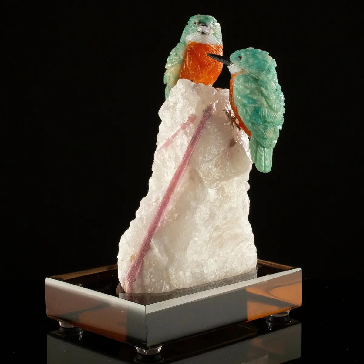 Peter Muller Amazonite Kingfisher Couple Carving On Rubellite Base 1