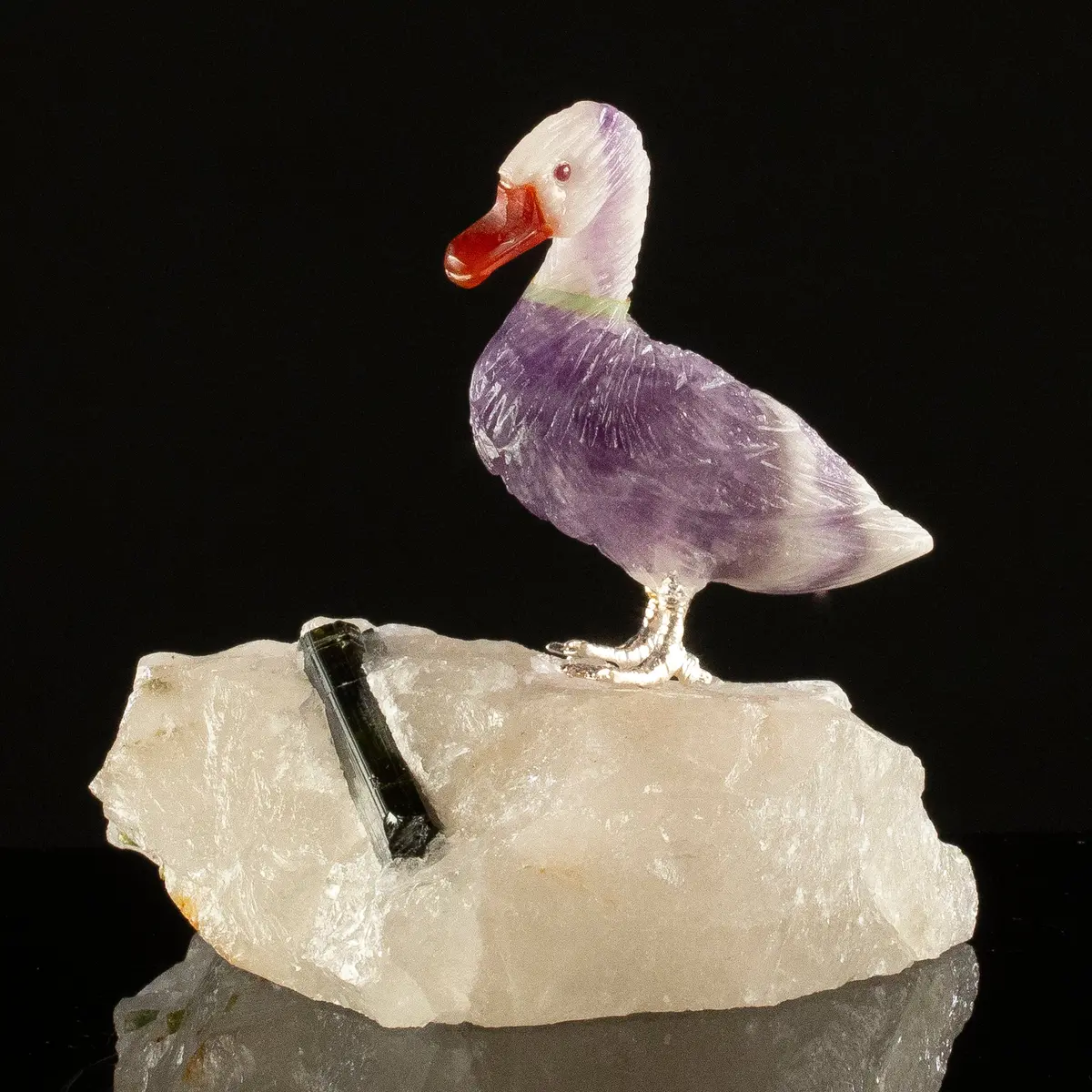 Peter Muller Amethyst Duck Carving On Tourmaline Base 1